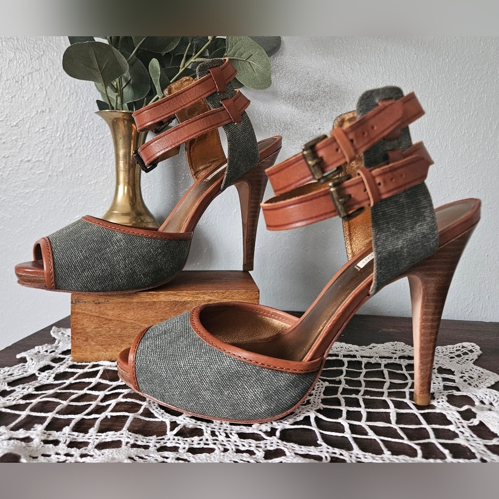 CYNTHIA VINCENT Leather, Denim Double Strap Ankle Design Heeled Stiletto Sandals